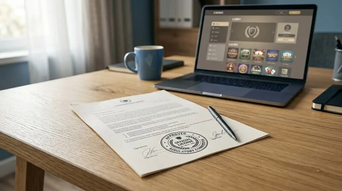 Casino zonder licentie 2026 gids op bureau met licentiedocument en laptop
