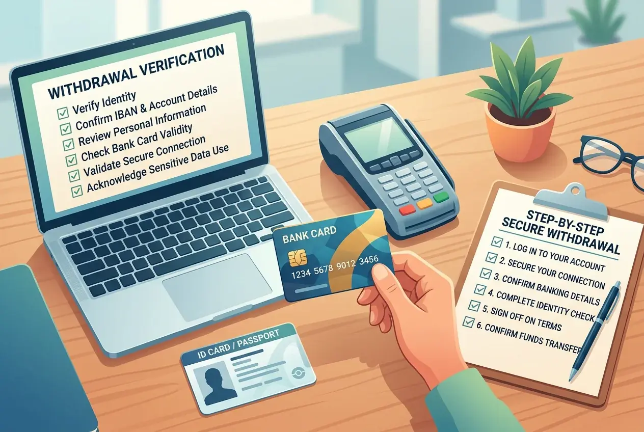 Checklist op tafel over uitbetaling, verificatie en gevoelige gegevens