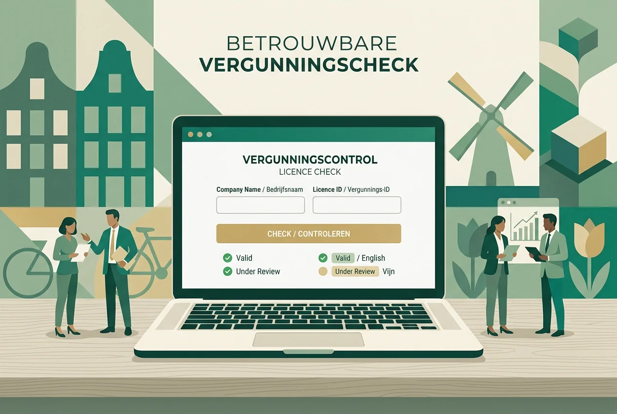 Rustige werkplek met een Nederlandse vergunningcheck op een laptop